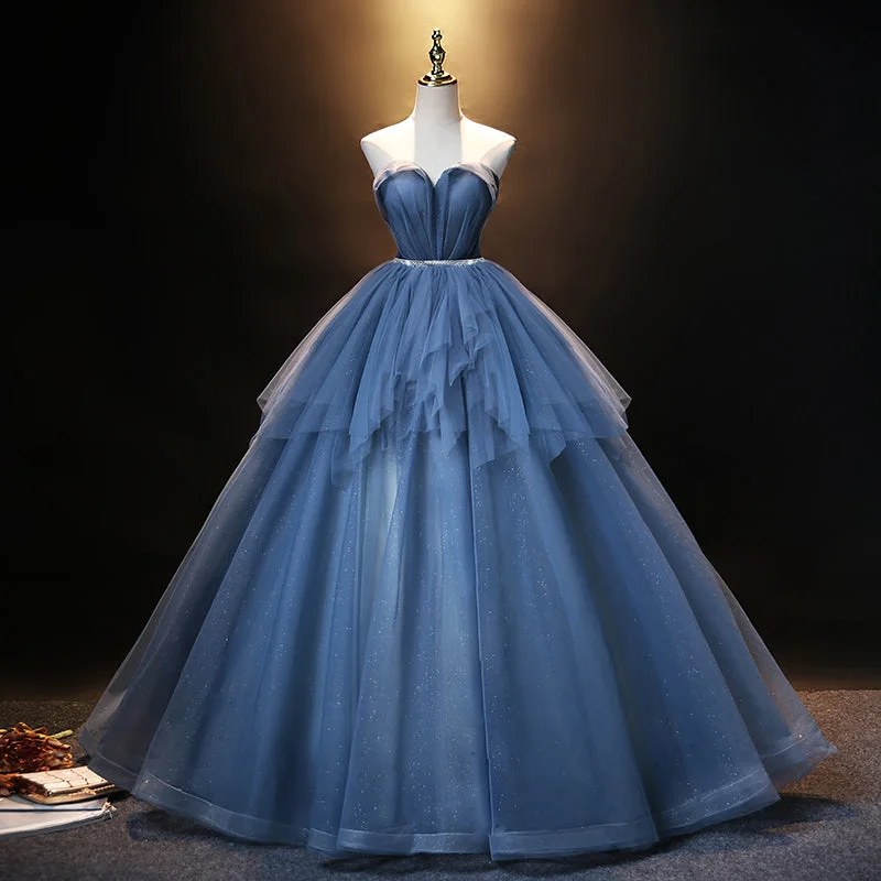 Off-shoulder prom dresses for a chic style-Blue tulle long A line prom dress blue evening dress 8909 Off-shoulder prom dresses for a chic style-Blue tulle long A line prom dress blue evening dress 8909