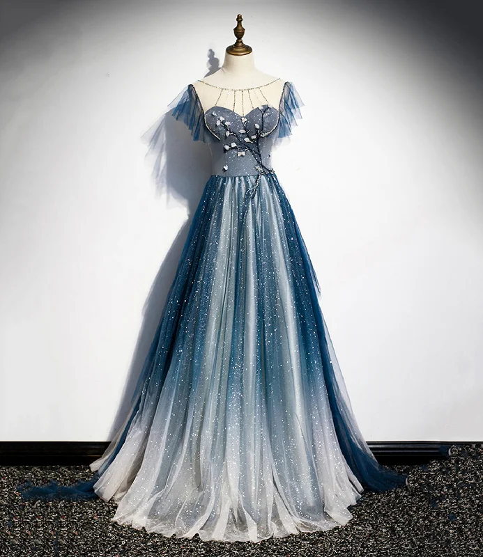 Long prom dresses with trains-Blue tulle long A line prom dress blue evening dress 8928 Long prom dresses with trains-Blue tulle long A line prom dress blue evening dress 8928