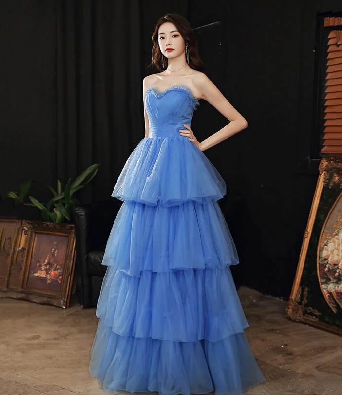 Pretty pink prom dresses for a feminine vibe-Blue tulle long A line prom dress blue evening gown 10053 Pretty pink prom dresses for a feminine vibe-Blue tulle long A line prom dress blue evening gown 10053