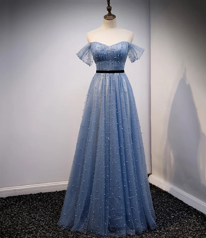 Prom dresses with ruffles-Blue tulle long A line prom dress evening dress  8686