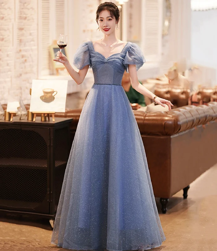 Prom dresses with faux fur-Blue tulle long A line prom dress evening dress  8966