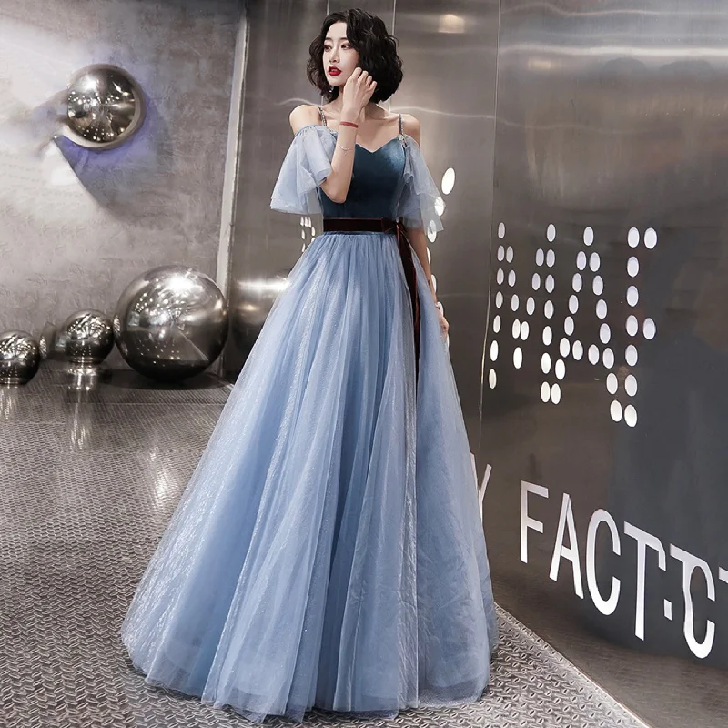 Prom dresses with sequins-Blue tulle long A line prom dress evening dress  8995