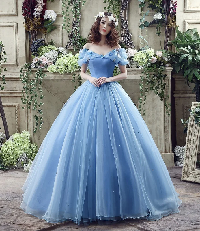 Satin and lace prom dresses for elegance-Blue tulle long A line prom dress evening gown  10185