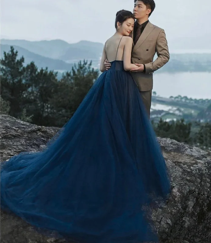 Bold colorful prom dresses for attention-Blue tulle long prom dress A line evening gown 10424 Bold colorful prom dresses for attention-Blue tulle long prom dress A line evening gown 10424