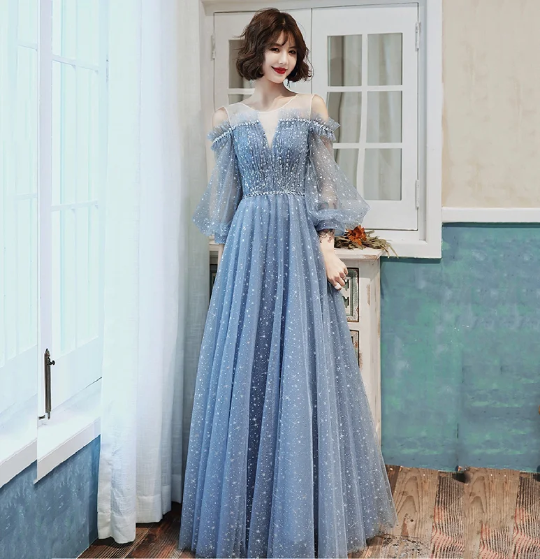 Prom dresses for summer concerts-Blue tulle long prom dress A line evening gown 8955 Prom dresses for summer concerts-Blue tulle long prom dress A line evening gown 8955