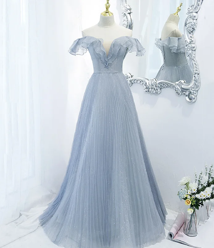 Formal prom gowns for high school events-Blue tulle long prom dress blue evening dress  10270