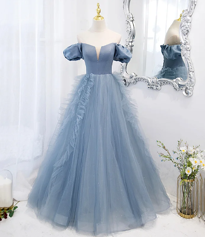 Affordable prom dresses for teens-Blue tulle long prom dress blue evening dress  10294