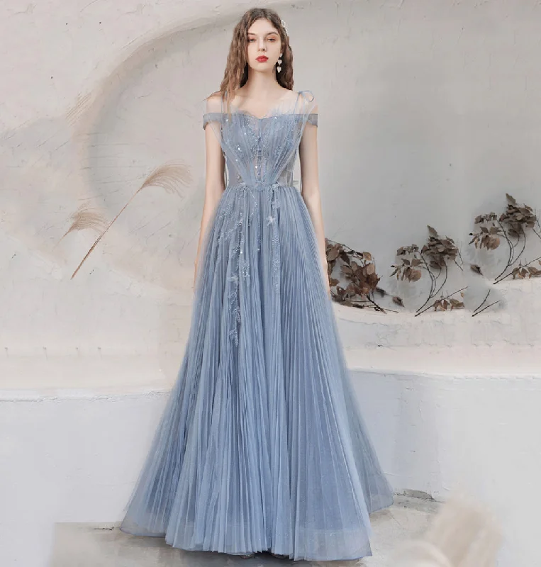 Prom dresses with fall colors-Blue tulle long prom dress blue evening dress  8628