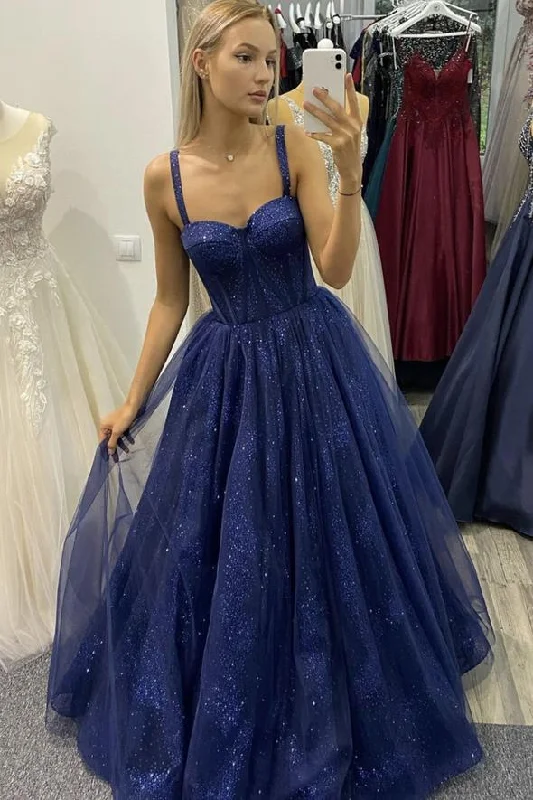Red carpet-worthy prom dresses for glamorous nights-Blue tulle seequins long prom dress A line evening gh1131 Red carpet-worthy prom dresses for glamorous nights-Blue tulle seequins long prom dress A line evening gh1131