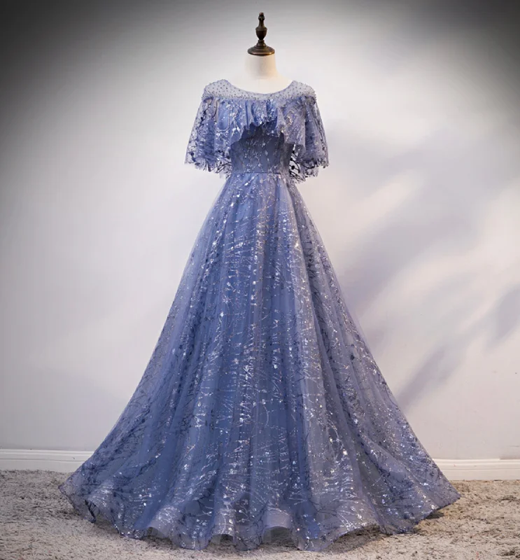 Elegant prom dresses for women-Blue tulle sequins long ball gown dress evening dress 8619 Elegant prom dresses for women-Blue tulle sequins long ball gown dress evening dress 8619