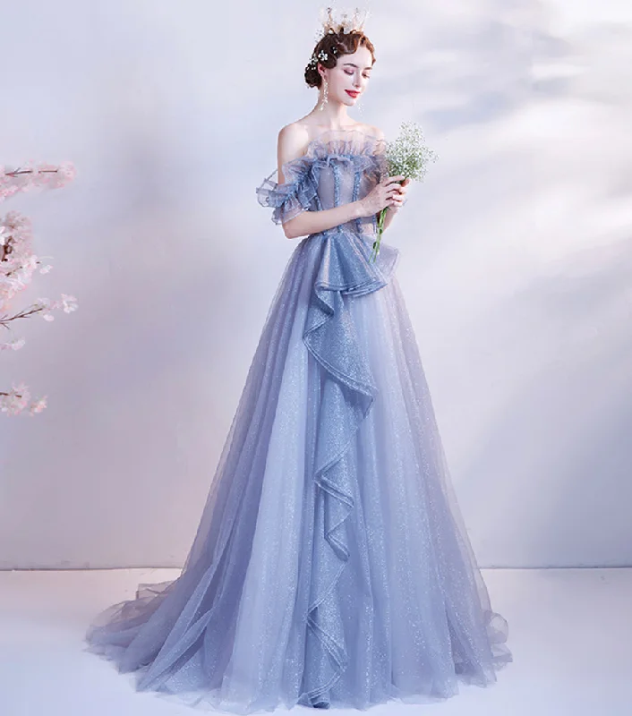 Prom dresses with asymmetrical hemlines-Blue tulle sequins long ball gown dress formal dress 8543 Prom dresses with asymmetrical hemlines-Blue tulle sequins long ball gown dress formal dress 8543