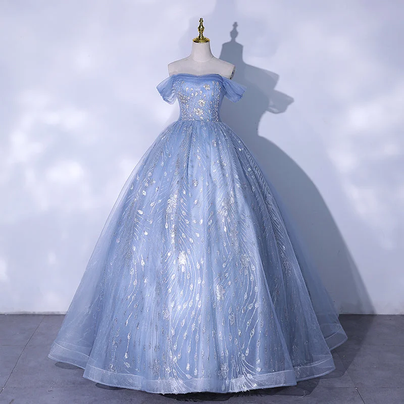 Sleeveless prom dresses for hot nights-Blue tulle sequins long ball gown dress formal gown 10187 Sleeveless prom dresses for hot nights-Blue tulle sequins long ball gown dress formal gown 10187