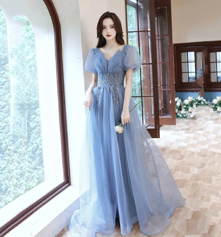Stylish satin and lace prom dresses-Blue tulle sequins long prom dress A line evening gown 10013 Stylish satin and lace prom dresses-Blue tulle sequins long prom dress A line evening gown 10013