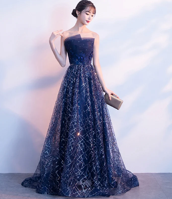 Sleek black prom dresses for a chic appearance-Blue tulle sequins long prom dress A line evening gown 10027 Sleek black prom dresses for a chic appearance-Blue tulle sequins long prom dress A line evening gown 10027