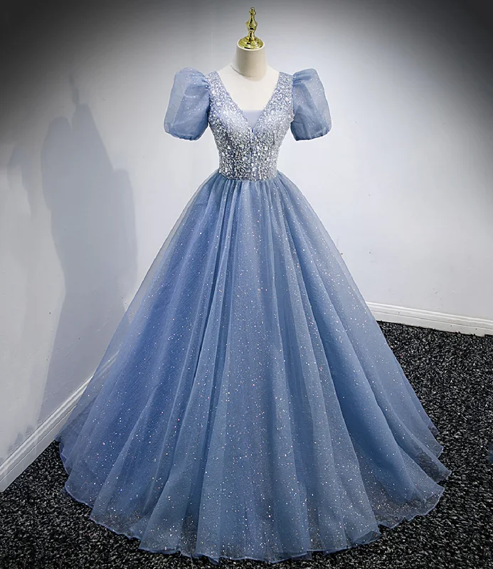 Strapless prom dresses for a daring style-Blue tulle sequins long prom dress blue evening dress 10159 Strapless prom dresses for a daring style-Blue tulle sequins long prom dress blue evening dress 10159