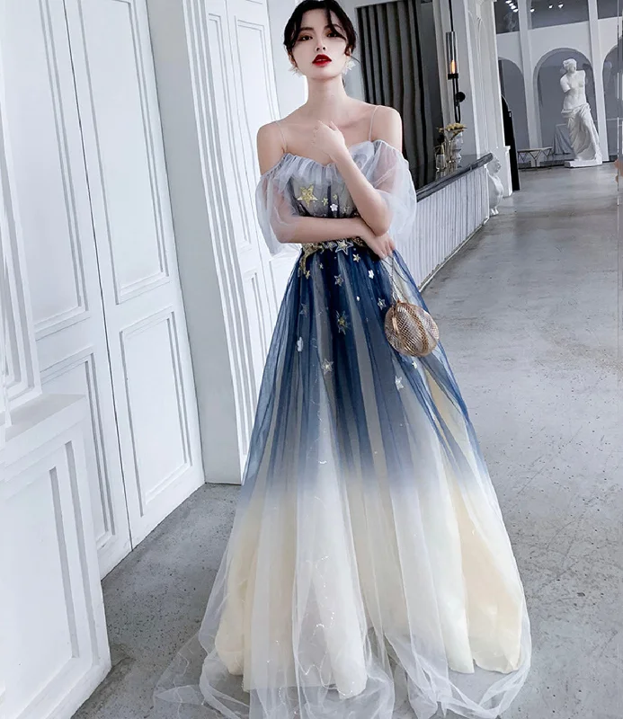Budget-friendly prom dresses for teens-Blue tulle sequins long prom dress blue evening dress 10203 Budget-friendly prom dresses for teens-Blue tulle sequins long prom dress blue evening dress 10203