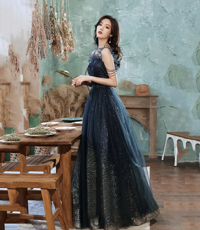 Sweetheart neck prom dresses for romance-Blue tulle sequins long prom dress blue evening dress  10253