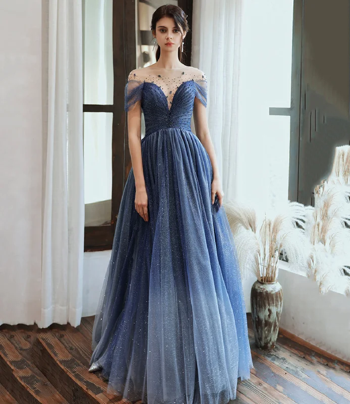 Elegant gowns for prom in satin-Blue tulle sequins long prom dress blue evening dress 10477 Elegant gowns for prom in satin-Blue tulle sequins long prom dress blue evening dress 10477