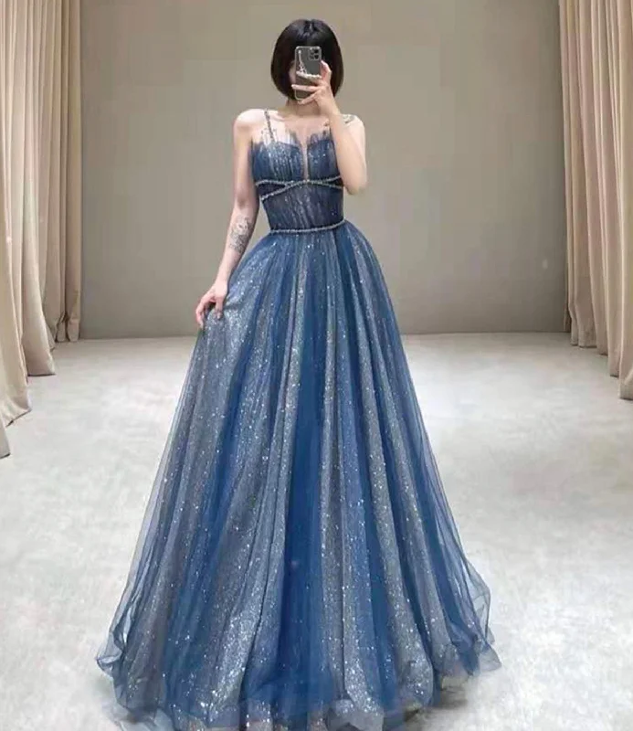 V-neck prom dresses for an elegant style-Blue tulle sequins long prom dress blue evening dress 10583 V-neck prom dresses for an elegant style-Blue tulle sequins long prom dress blue evening dress 10583
