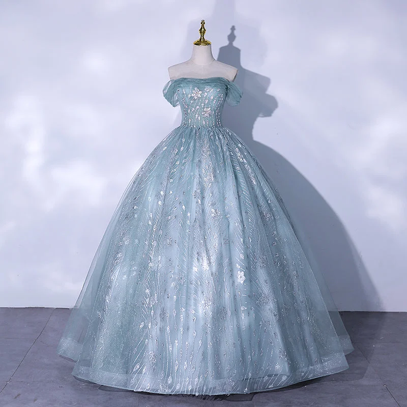 Trendy two-piece prom dresses for 2023-Blue tulle sequins long prom dress evening gown  10062