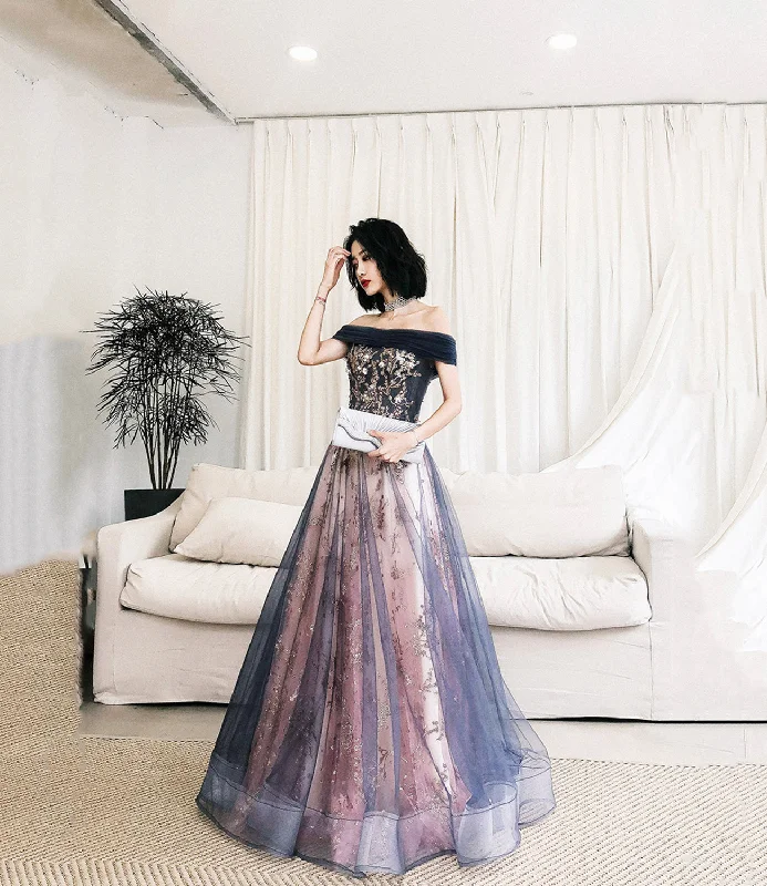 Prom dresses with countdown themes-Blue tulle sequins long prom dress evening gown  10297