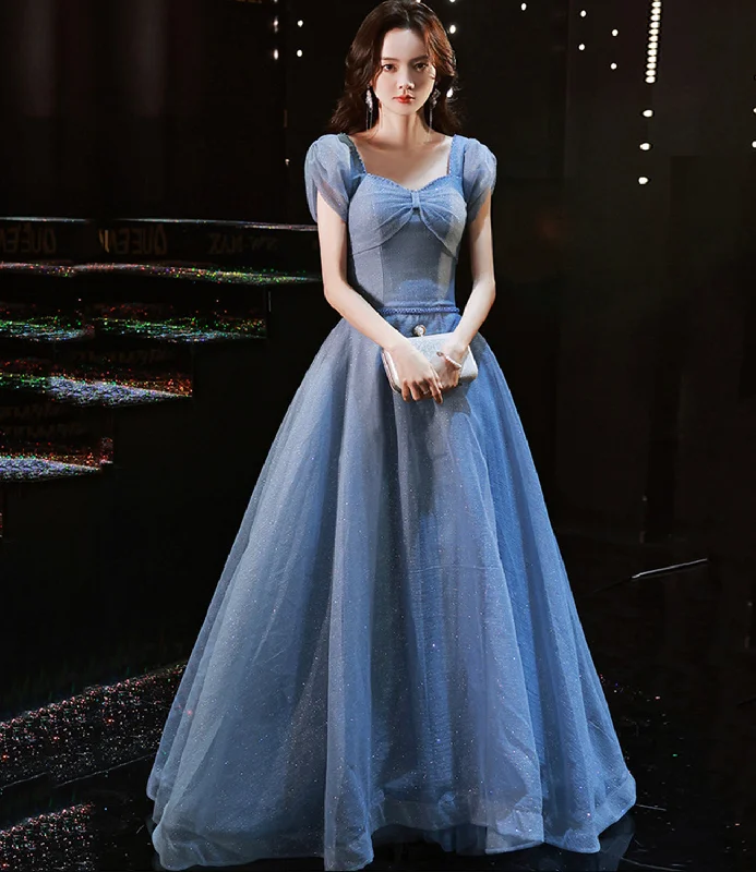 Prom dresses for Labor Day-Blue tulle sequins long prom dress evening gown  10310