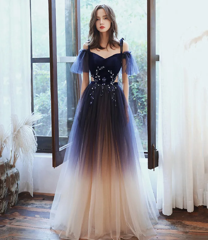 Prom dresses with beading-Blue velvet tulle long prom dress A line evening dress 10365 Prom dresses with beading-Blue velvet tulle long prom dress A line evening dress 10365