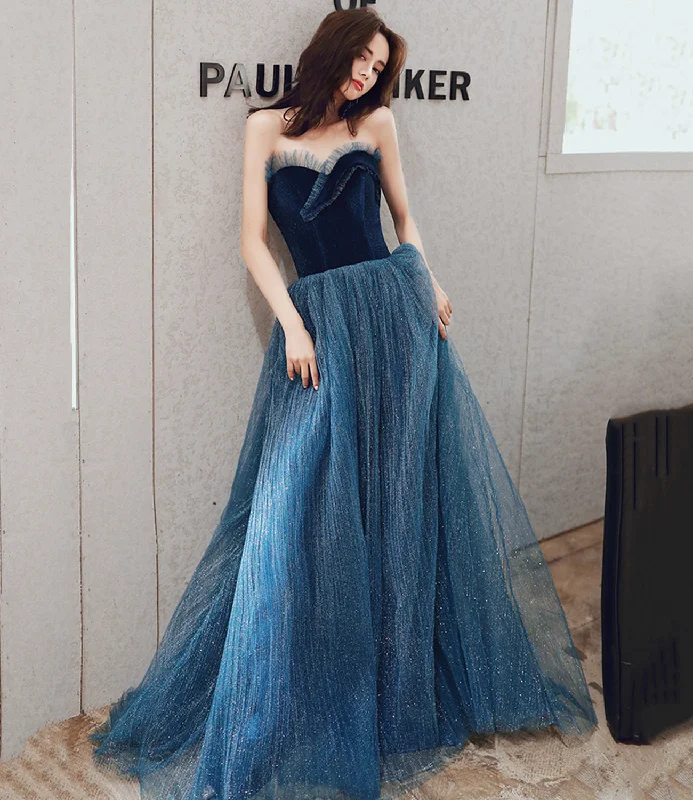 Beautiful prom dresses with embellishments-Blue velvet tulle long prom dress A line evening dress 10499 Beautiful prom dresses with embellishments-Blue velvet tulle long prom dress A line evening dress 10499