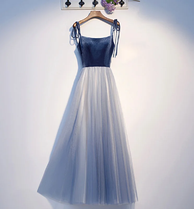 Cheap prom dresses under $100-Blue velvet tulle long prom dress blue evening dress  8585