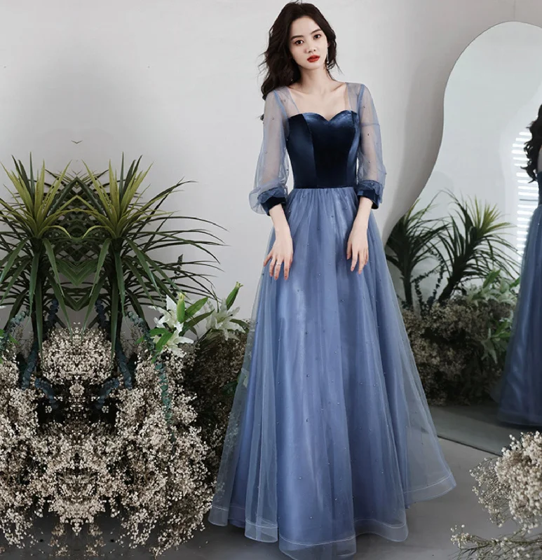 Stylish open-back prom dresses-Blue vlevet tulle long prom dress A line evening gown 10077 Stylish open-back prom dresses-Blue vlevet tulle long prom dress A line evening gown 10077