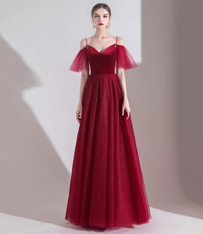 Simple prom dresses for minimalist style-Bugundy velet tulle long prom dress A line evening dress 10553 Simple prom dresses for minimalist style-Bugundy velet tulle long prom dress A line evening dress 10553