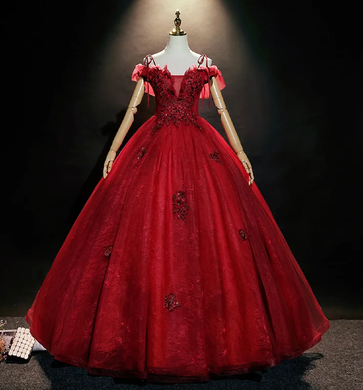 Best prom dresses for 2023-Burgundy lace long ball gown dress formal dress  8618
