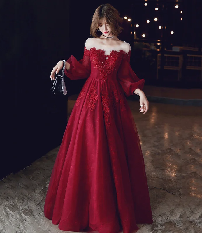 Perfect prom dresses for different body types-Burgundy lace long prom dress A line evening dress 10213 Perfect prom dresses for different body types-Burgundy lace long prom dress A line evening dress 10213