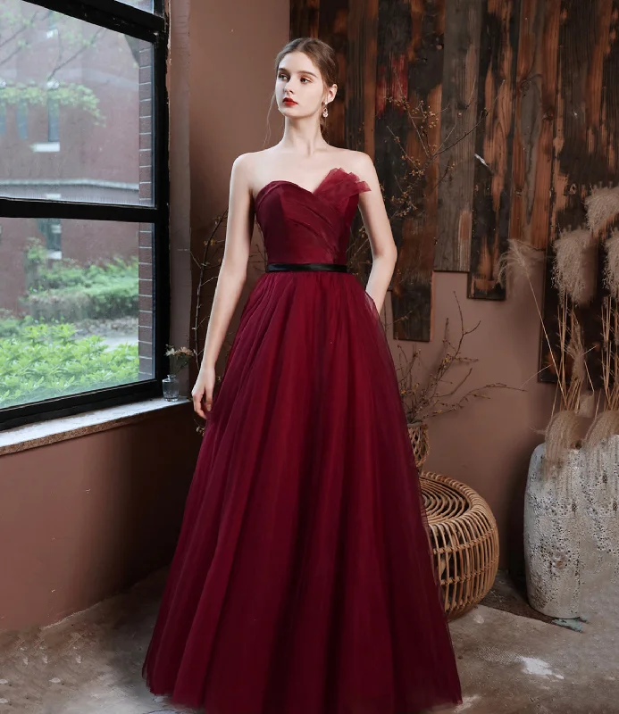 Black velvet prom dresses for luxury-Burgundy off shoulder long A line prom dress evening dress  8797