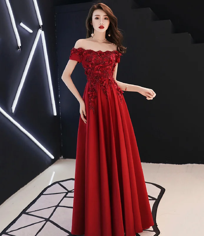 Casual prom dresses for laid-back style-Burgundy satin lace long prom dress A line evening dress  10565