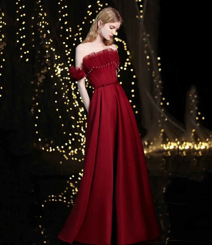 Formal prom dresses with dramatic flair-Burgundy satin long A line prom dress evening dress 8774 Formal prom dresses with dramatic flair-Burgundy satin long A line prom dress evening dress 8774
