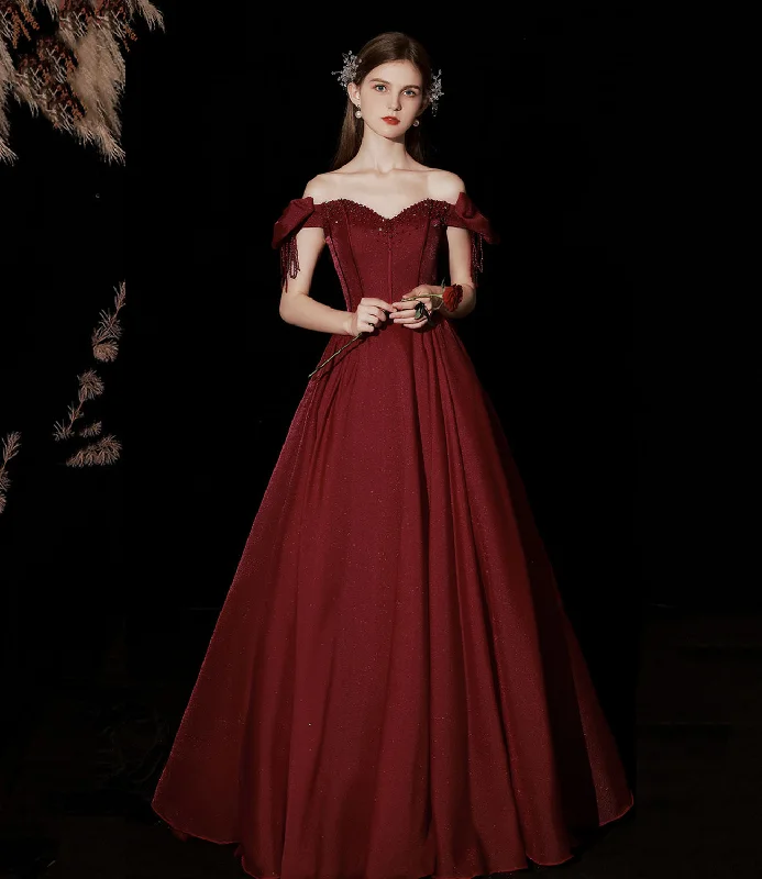 Prom dresses for summer concerts-Burgundy satin long prom dress A line evening dress  10316