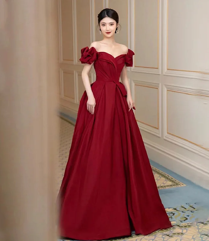 Prom dresses with floral lace designs-Burgundy satin long prom dress A line evening dress 10450 Prom dresses with floral lace designs-Burgundy satin long prom dress A line evening dress 10450