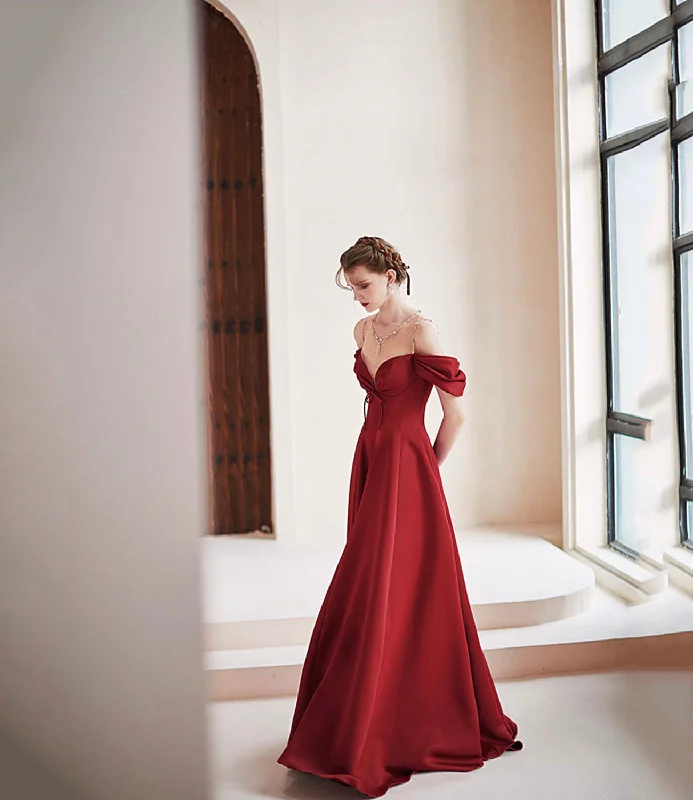 Red prom dresses for bold fashion-Burgundy satin long prom dress A line evening dress 10578 Red prom dresses for bold fashion-Burgundy satin long prom dress A line evening dress 10578