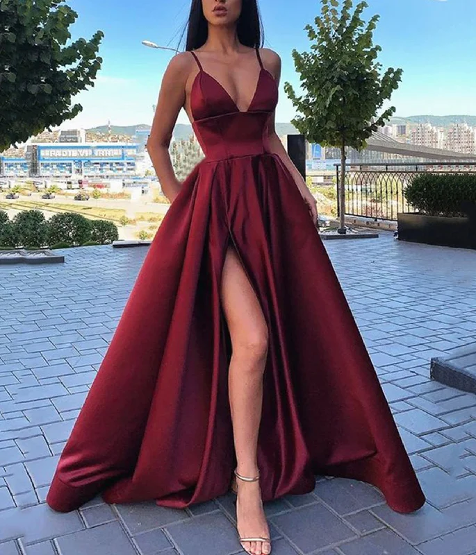 Stunning prom dresses with sequins-Burgundy satin long prom dress evening dress 8615 Stunning prom dresses with sequins-Burgundy satin long prom dress evening dress 8615
