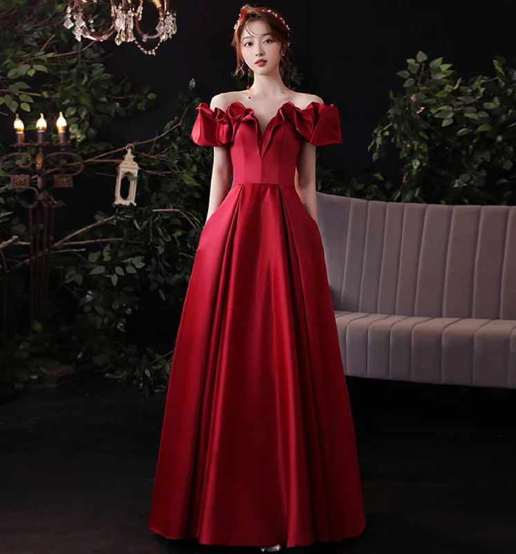 Prom dresses for summer weddings-Burgundy satin long prom dress evening dress  8971