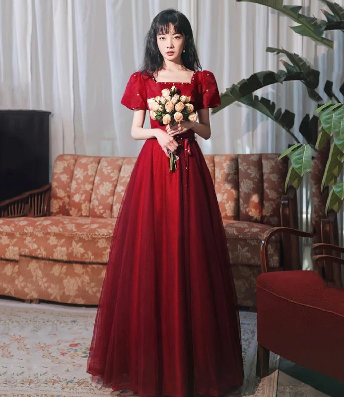 Chic mesh prom dresses for fashion-forward teens-Burgundy satin tulle long prom dress A line evenig dress 10383 Chic mesh prom dresses for fashion-forward teens-Burgundy satin tulle long prom dress A line evenig dress 10383