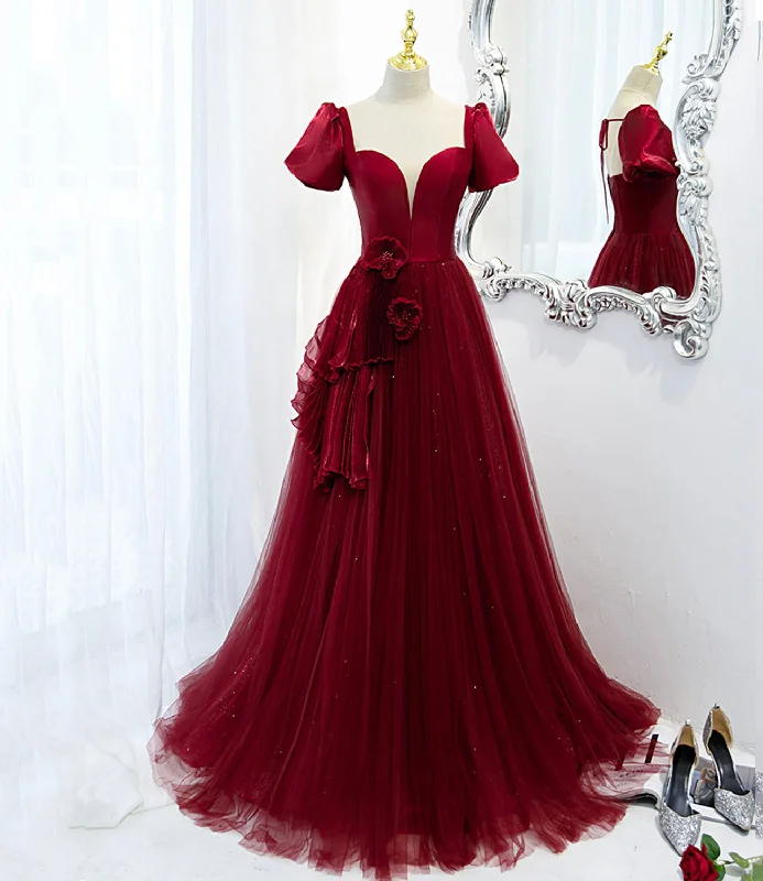 Long prom dresses with trains-Burgundy satin tulle long prom dress evening dress 10598 Long prom dresses with trains-Burgundy satin tulle long prom dress evening dress 10598