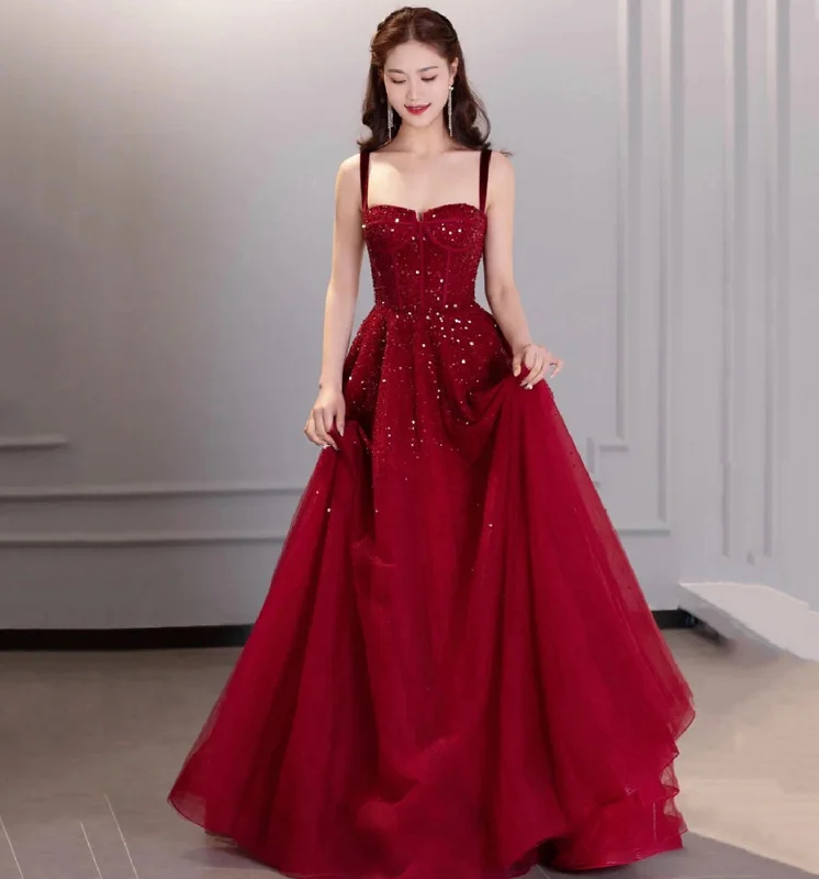 Prom dresses with off-shoulder-Burgundy sequins long prom dress evening dress  8976