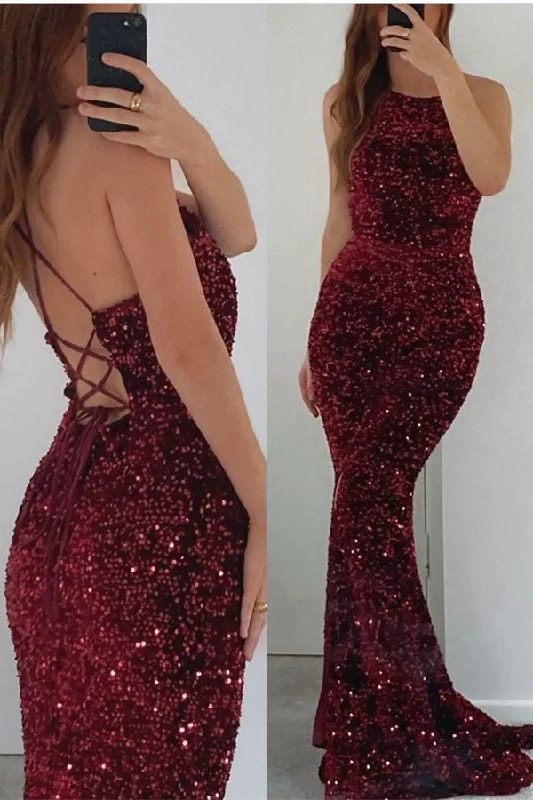 Prom dresses for spring break-Burgundy Sleeveless Mermaid Prom Dress With Sequins gh768 Prom dresses for spring break-Burgundy Sleeveless Mermaid Prom Dress With Sequins gh768