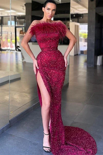 Prom dresses for New Year's parties-BURGUNDY STRAPLESS MERMAID PROM DRESS SLIT WITH SEQUINS BEADS FEATHER gh1861 Prom dresses for New Year's parties-BURGUNDY STRAPLESS MERMAID PROM DRESS SLIT WITH SEQUINS BEADS FEATHER gh1861
