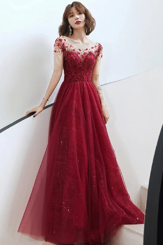 Gorgeous prom dresses for every budget-Burgundy tulle beads long A line prom dress evening dress 8756 Gorgeous prom dresses for every budget-Burgundy tulle beads long A line prom dress evening dress 8756