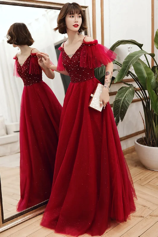 Best-fitting prom dresses for every body type-Burgundy tulle beads long A line prom dress evening dress 8767 Best-fitting prom dresses for every body type-Burgundy tulle beads long A line prom dress evening dress 8767