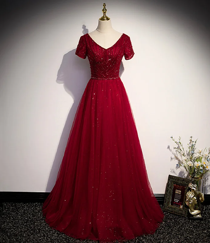 Metallic prom dresses for a futuristic look-Burgundy tulle beads long ball gown dress formal dress 10141 Metallic prom dresses for a futuristic look-Burgundy tulle beads long ball gown dress formal dress 10141