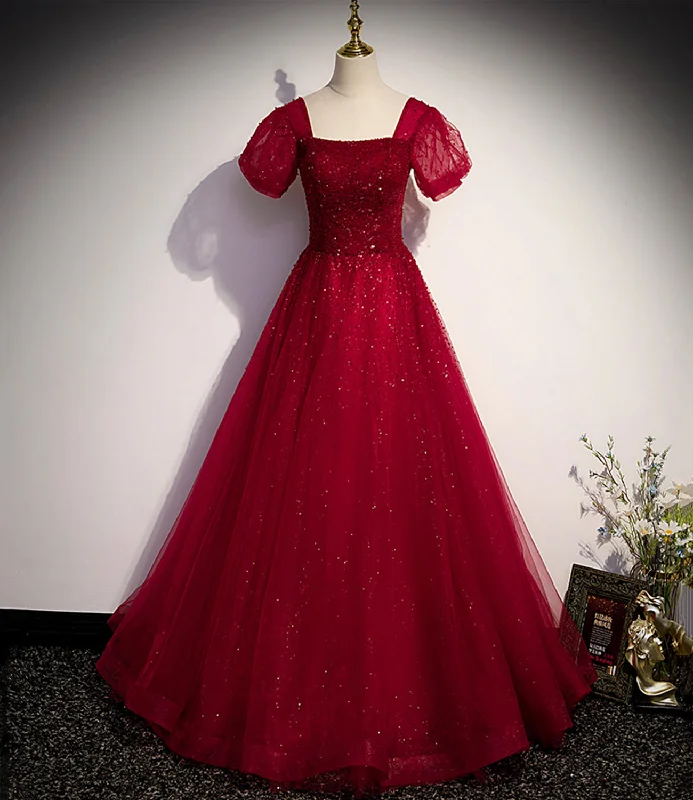 Best prom dresses for hourglass shapes-Burgundy tulle beads long ball gown dress formal dress 10142 Best prom dresses for hourglass shapes-Burgundy tulle beads long ball gown dress formal dress 10142